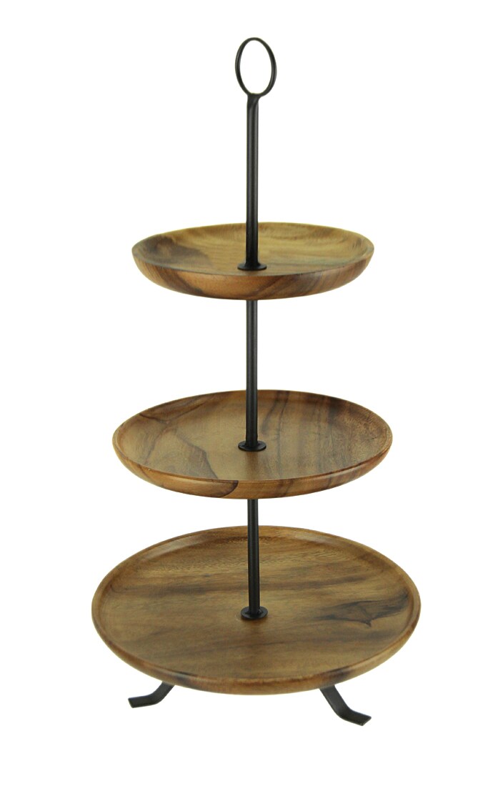 Rustic Round Wood Standing 3 Tiered Serving Tray