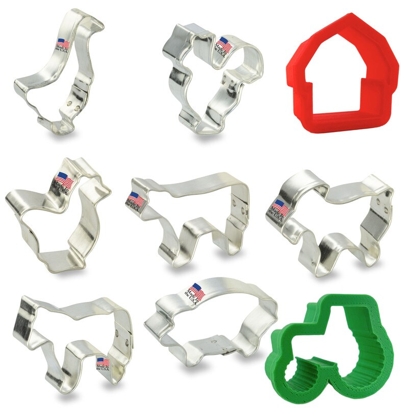 CookieCutter.Com Brand Miniature Farm Animals Cookie Cutter 9 Pc Set. USA Tin Plate Steel
