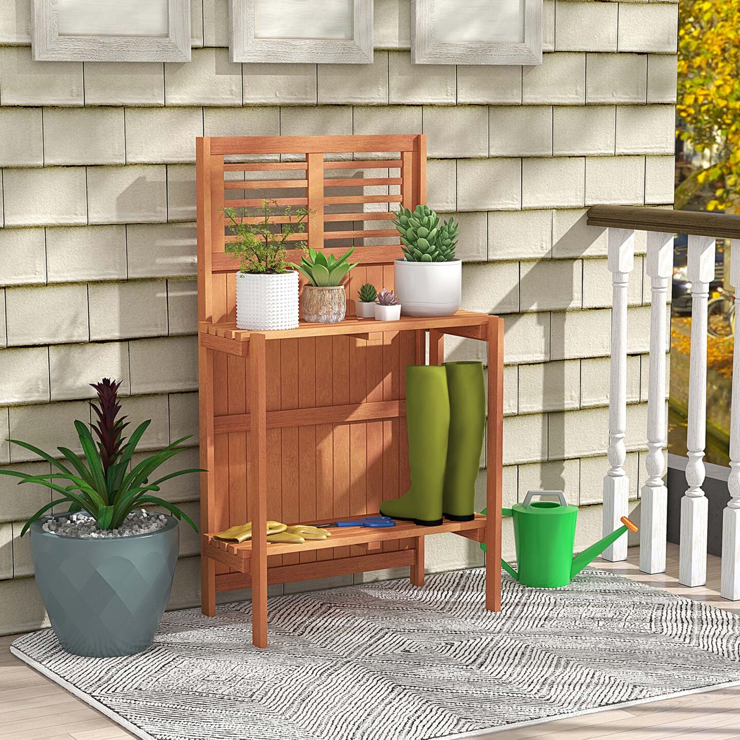 Costway Wood Potting Bench Waterproof Garden Table with 2-Tier Open Storage Shelf