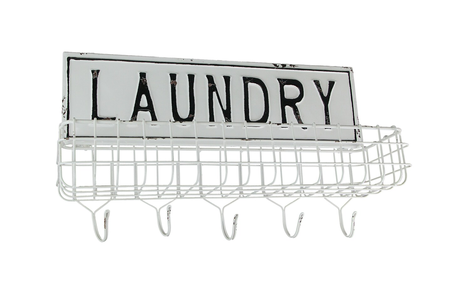 Weathered White Enamelware Laundry Hanging Shelf With Wall Hooks