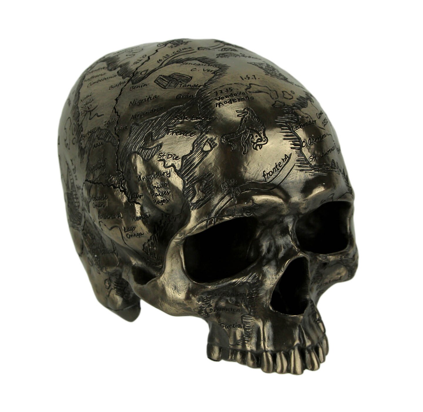 Bronze Finish Craniumography Old Treasure Map On Skull Statue