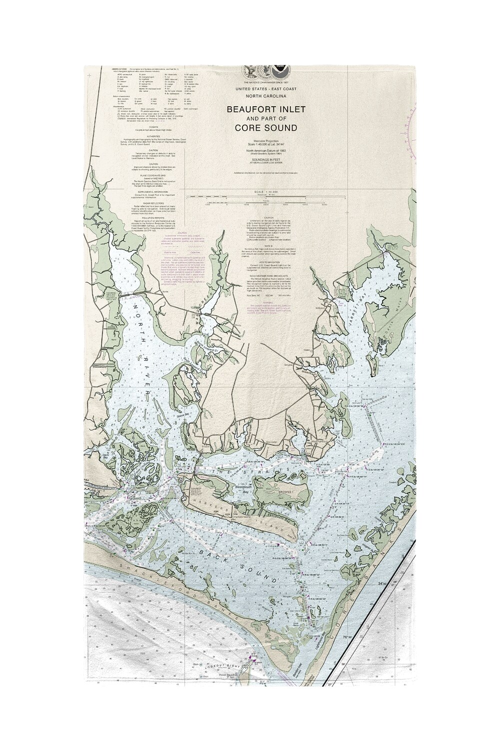 Betsy Drake Beaufort Inlet and Part of Core Sound, NC Nautical Map Beach Towel