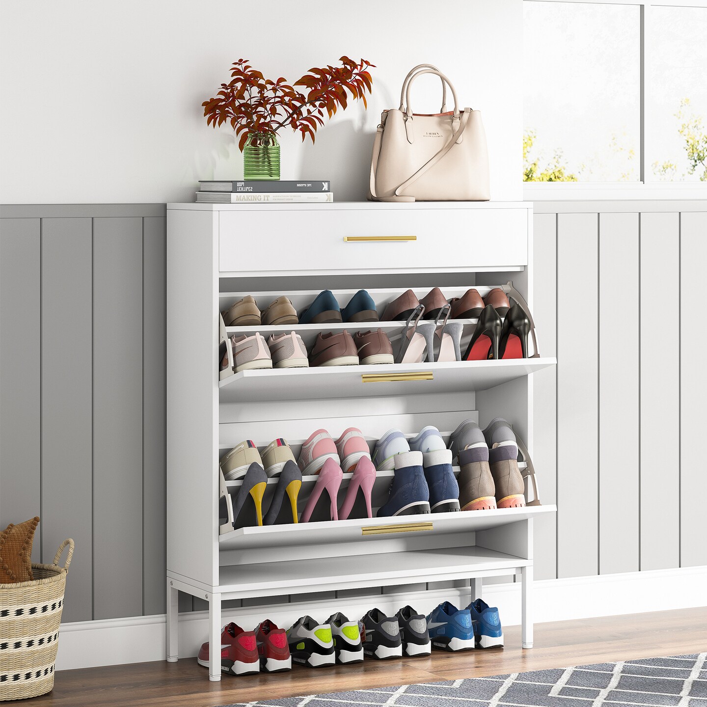 Tribesigns   White Flip Shoe Cabinet 16 Pair Shoe Rack with Mounted Shelf Shoe Storage Cabinet with 2 Flip Drawers and a