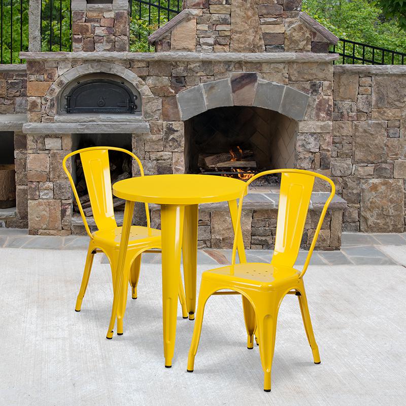 Commercial Grade 24&#x22; Round Yellow Metal Indoor-Outdoor Table Set with 2 Cafe Chairs