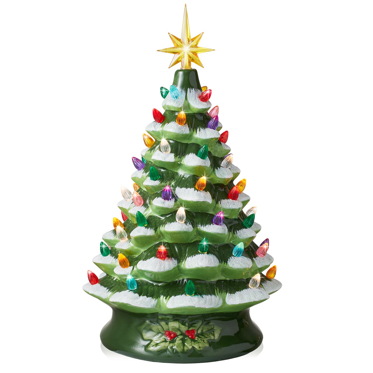 Casafield Hand Painted Ceramic Christmas Tree, Green Snow Flocked 15-Inch Pre-Lit Tree with 128 Multi-color Lights and 2 Star Toppers