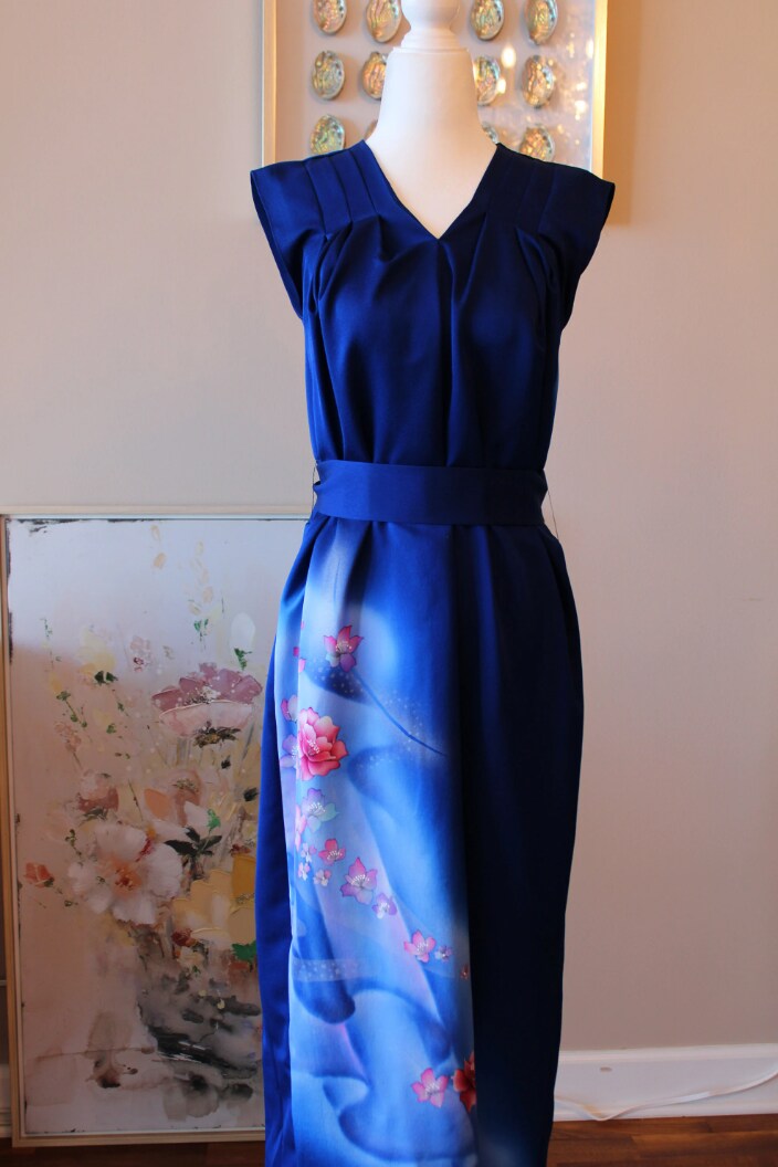 japanese silk dresses Handmade Vintage Silk Kimono Dress, Hand Painted Aurora Royal Blue, Unique  gift, Authentic Kimono Remake, Kimono Fashion, Japanese Clothing