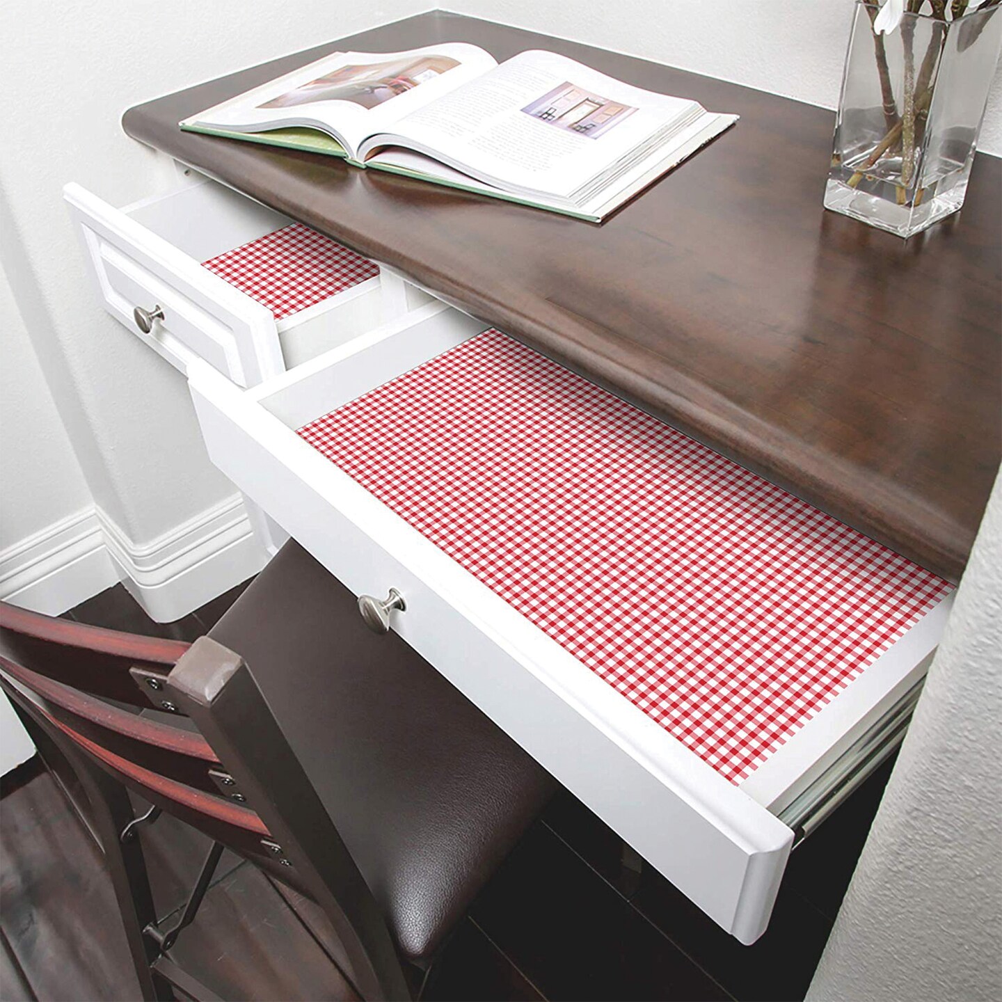 Smart Design Bonded Grip Shelf Liner - 12 inch x 10 feet - Ruby Red Gingham