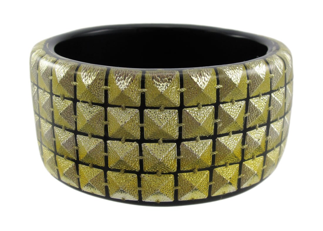 1 1/2 Inch Wide Goldtone Pyramid Studded Lucite Bangle Bracelet