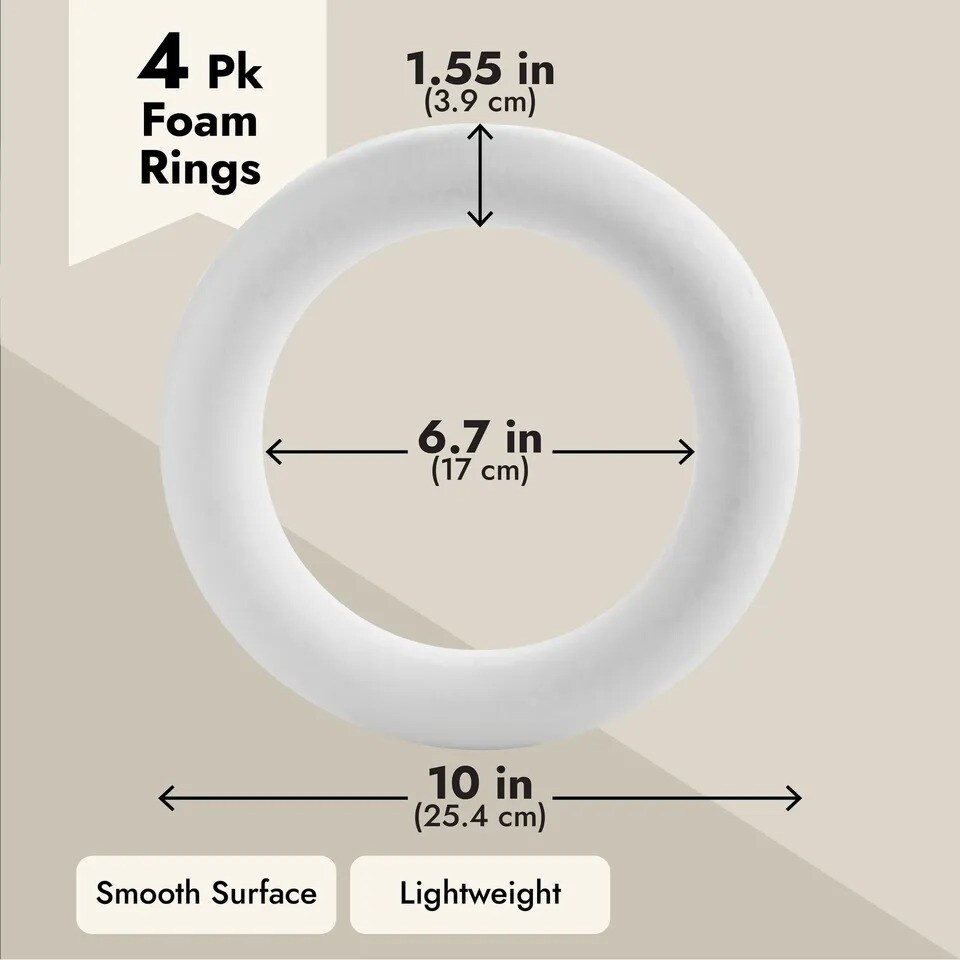 4 Pack Foam Wreath Forms, 10 Inch Rings for Crafts, DIY Projects, Holiday Decor