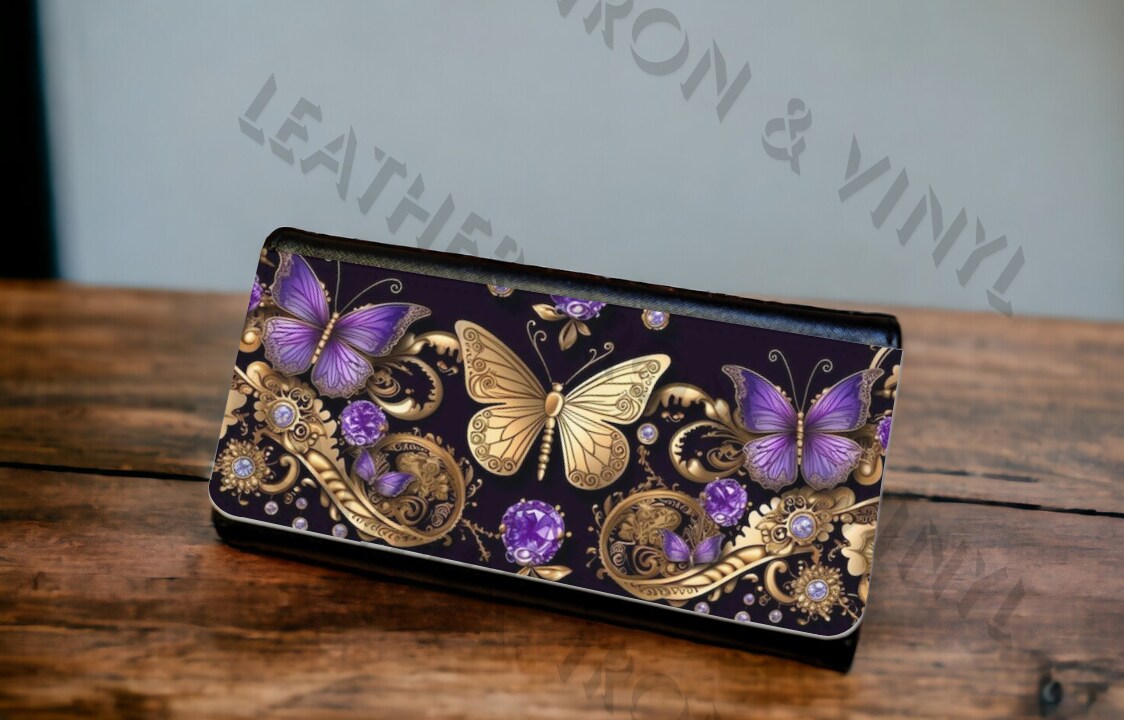 Leather Tri Fold Womens Wallet Butterfly Purple and Gold