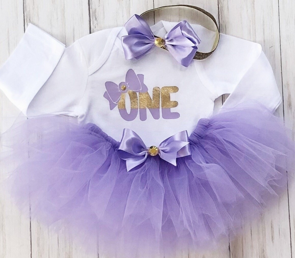 1st Birthday outfit, ONE Birthday tutu outfit, Lavender and gold 1st ...