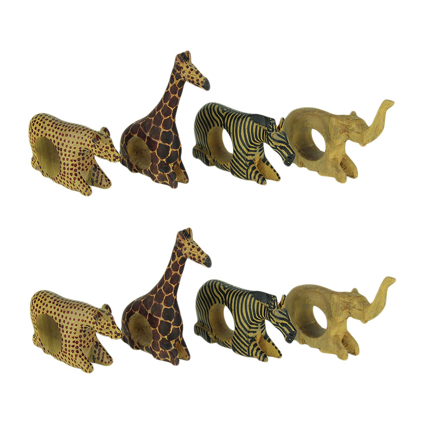 Set of 8 African Wild Animal Hand Carved Wooden Napkin Rings