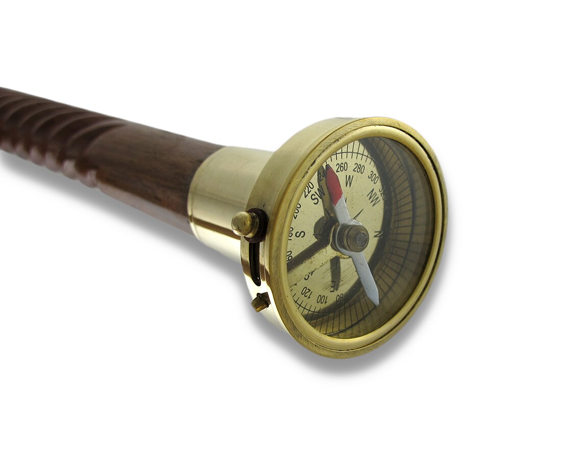 Spiral Shaft Wooden Walking Stick with Brass Compass Handle 34 inch