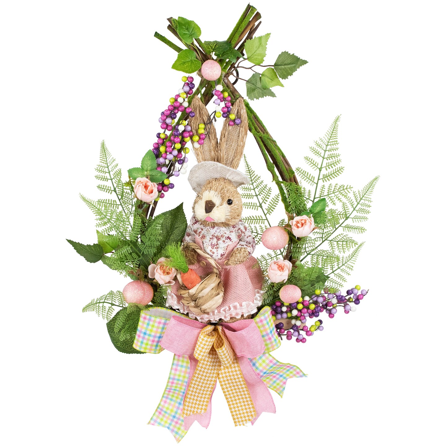 Northlight Flower Bunny Moss Vines Teardrop Easter Wreath - 22&#x22; - Pink - Unlit
