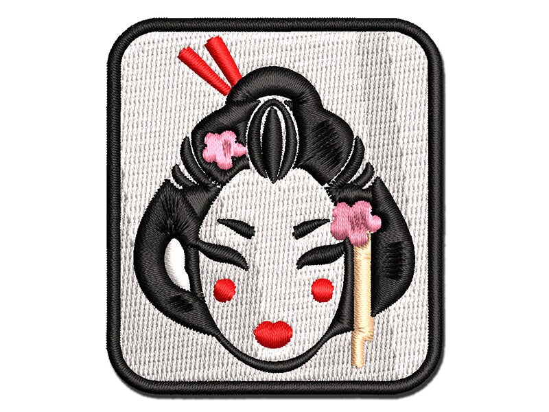 Japanese Geisha Woman Head Multi-Color Embroidered Iron-On or Hook & Loop  Patch Applique