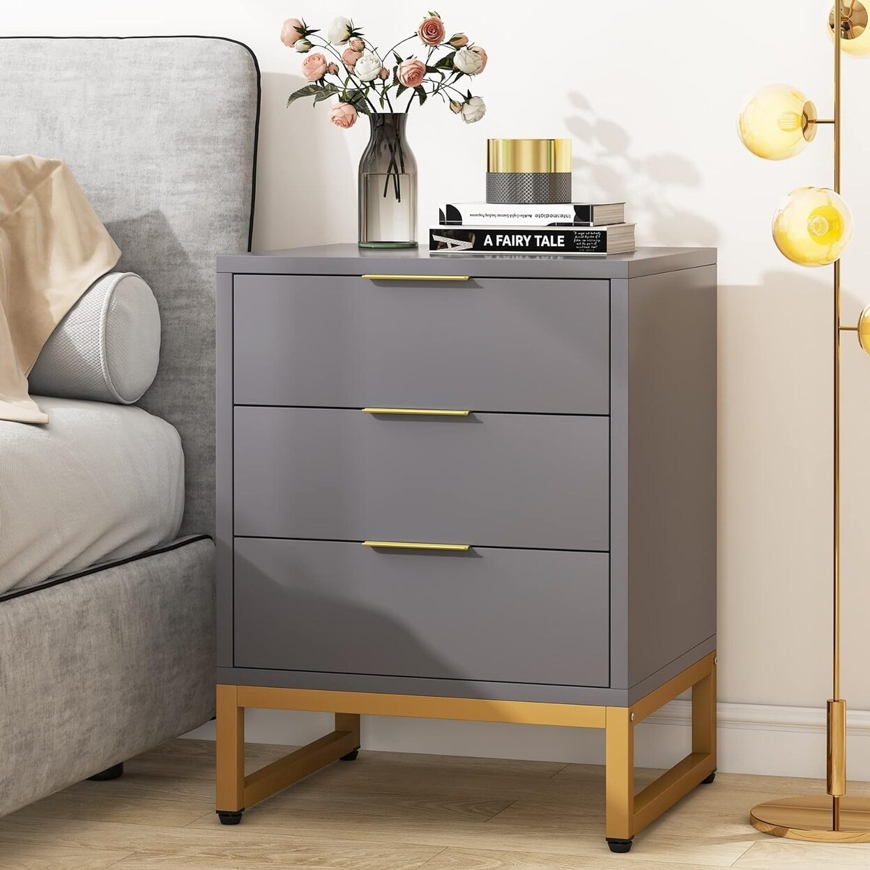 Tribesigns 3 Drawer Nightstand Modern Bedside Table White Gold Metal Frame