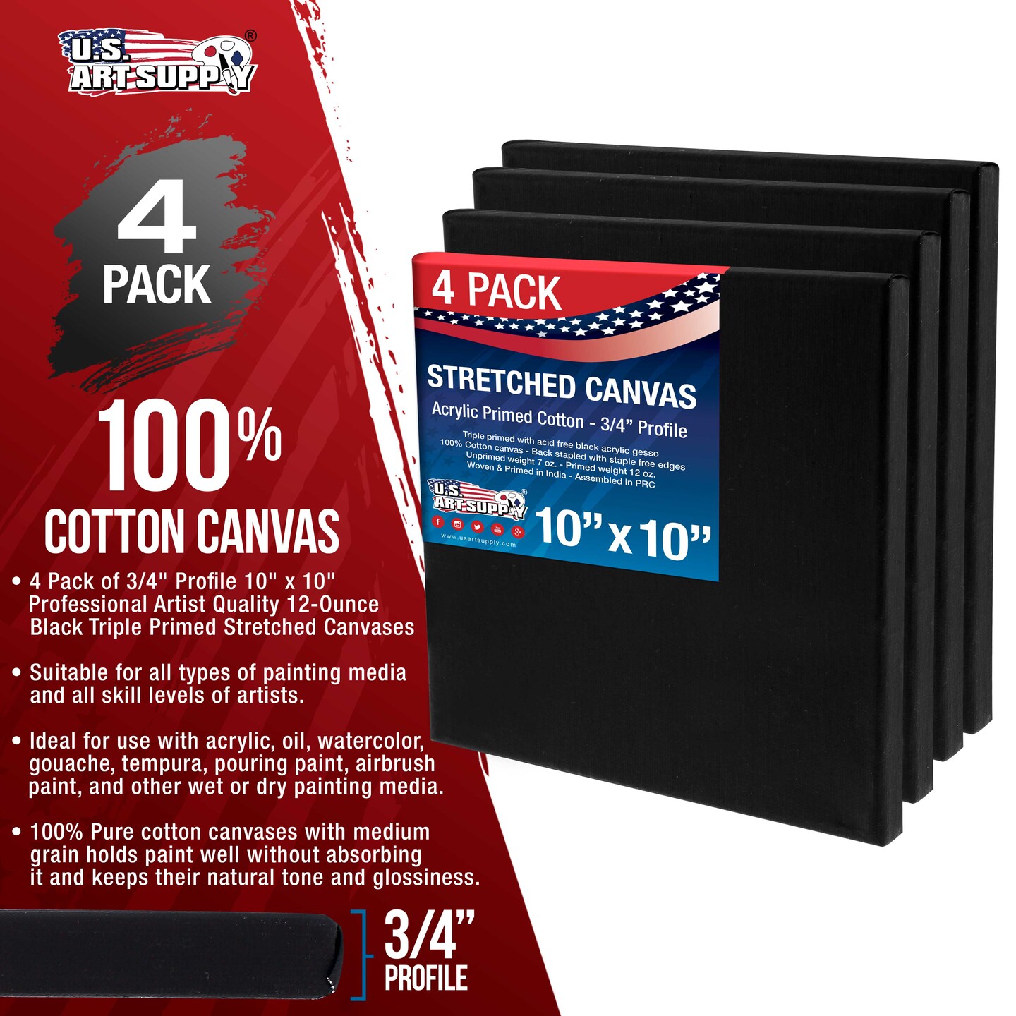 10 x 10 inch Black Stretched Canvas 12-Ounce Primed, 4-Pack - Professional Artist Quality 3/4&#x22; Profile, 100% Cotton, Heavy-Weight, Gesso