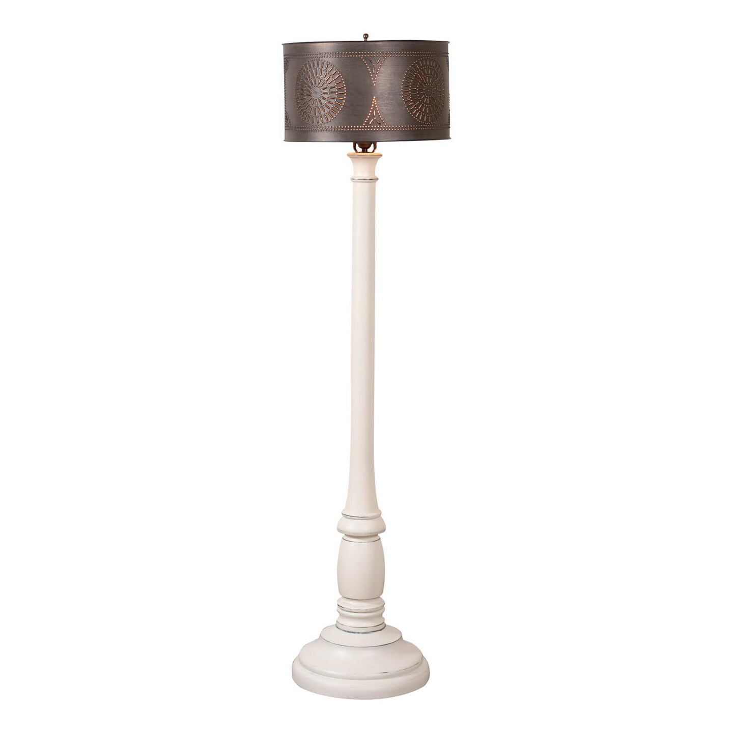 Irvins Country Tinware Brinton Floor Lamp in Rustic White with Metal Drum Shade