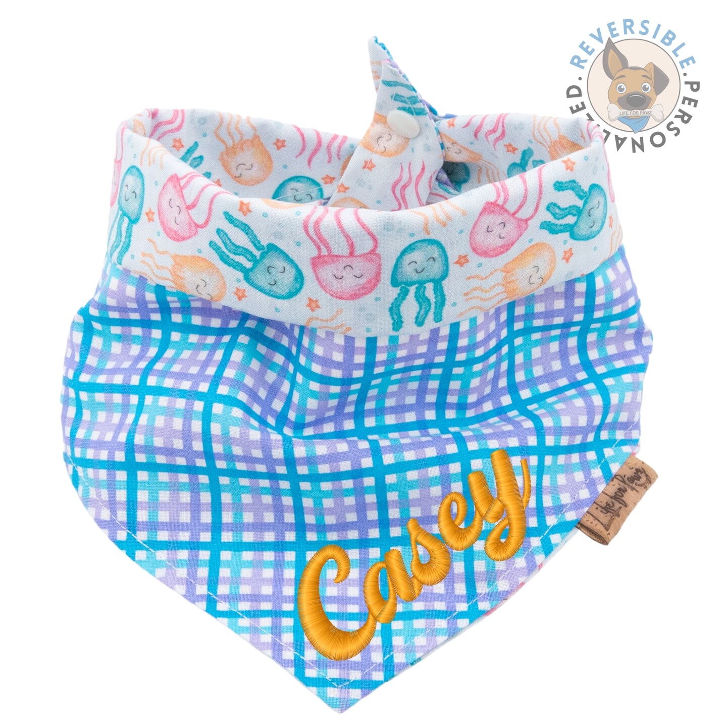 Personalized Summer Dog Bandana - Jellyfish Blue Plaid Reversible Dog Bandana - Custom Pet Bandana with Name Embroidery - Dog Mom Gift product 4