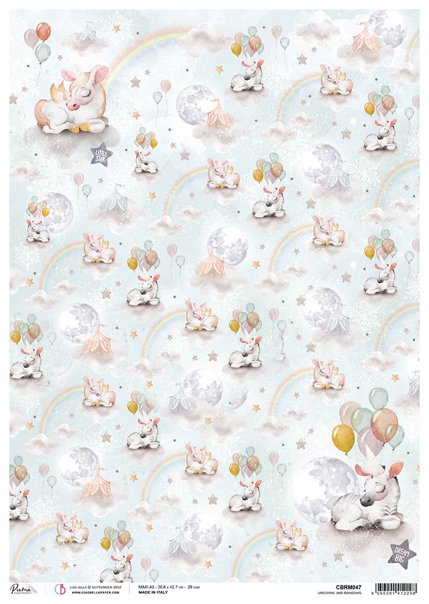 Ciao Bella Rice Paper A3 Piuma Unicorns and Rainbows - 3 Sheets