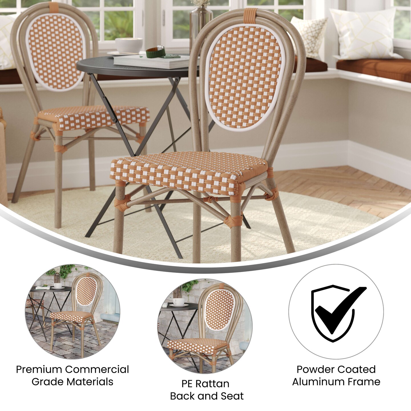 Merrick Lane Celia Stacking Thonet Bistro Style Chair, PE Rattan Seat, and Metal Frame for Indoor/Outdoor Use