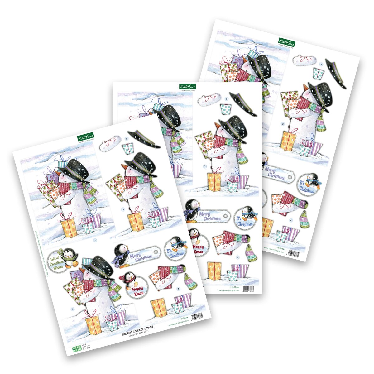 Katy Sue Die Cut Decoupage &#x2013; Snowman With Gifts (Pack Of 3)