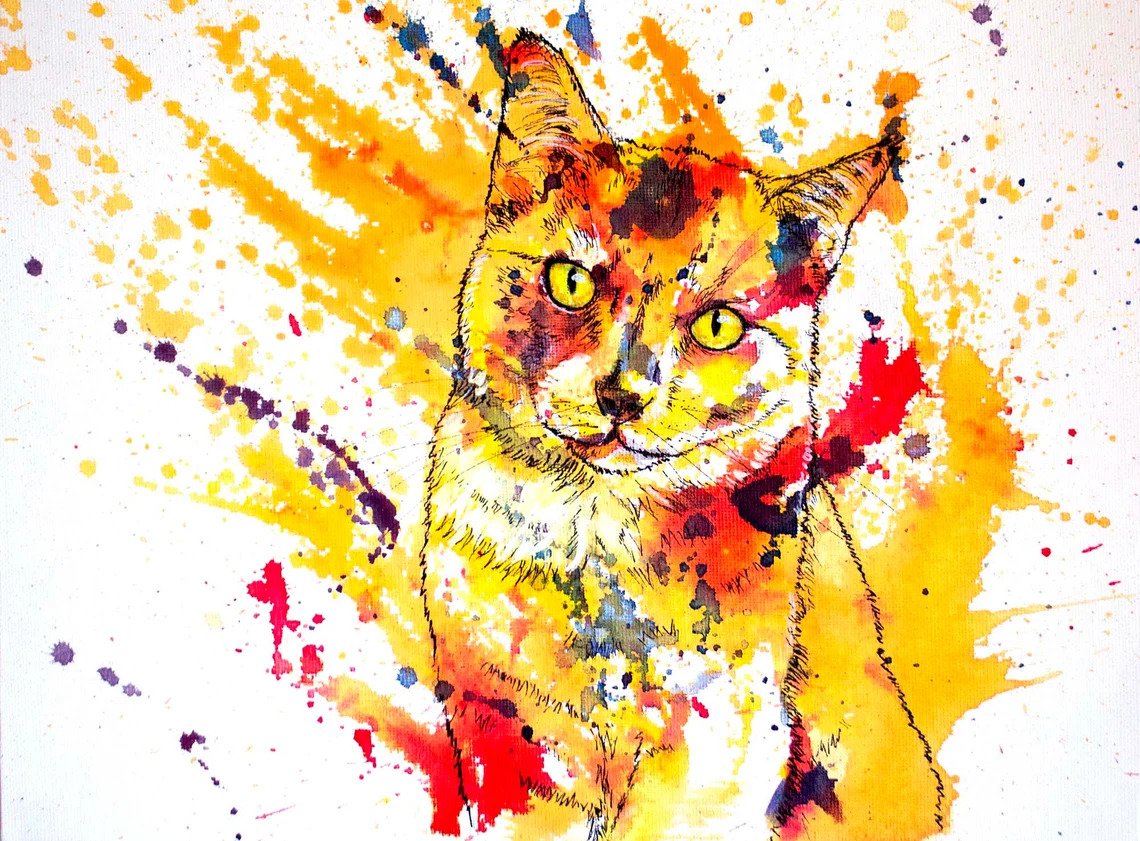 Custom Hand Drawn and Painted store Original Pet Cat Photo Portrait, Watercolor Art Painting