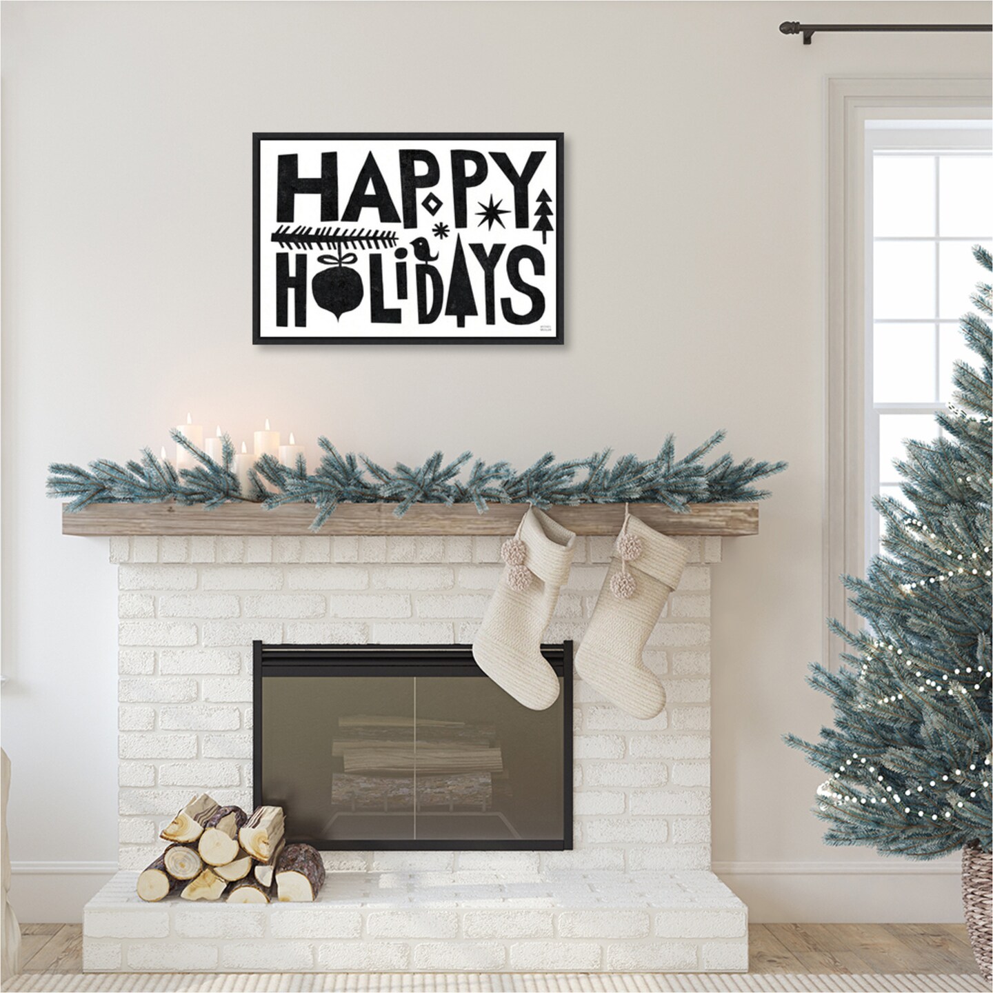 Christmas Whimsy Happy Holidays Black by Michael Mullan Canvas Art Framed