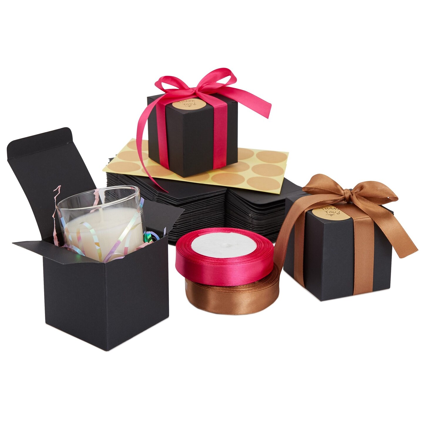 50-Pack Black Kraft Paper Gift Boxes, 3x3x3-Inch Boxes for Party Favors with 2 Rolls of 72-foot x 0.75-Inch Satin Ribbon in 2 Colors with 50 Round Gold 1.5-Inch Stickers
