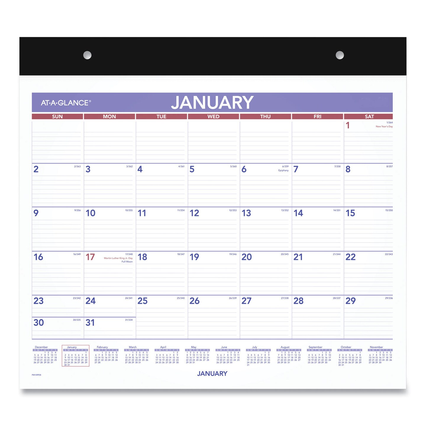 Repositionable Wall Calendar, 15 x 12, White/Blue/Red Sheets, 12-Month (Jan to Dec): 2024