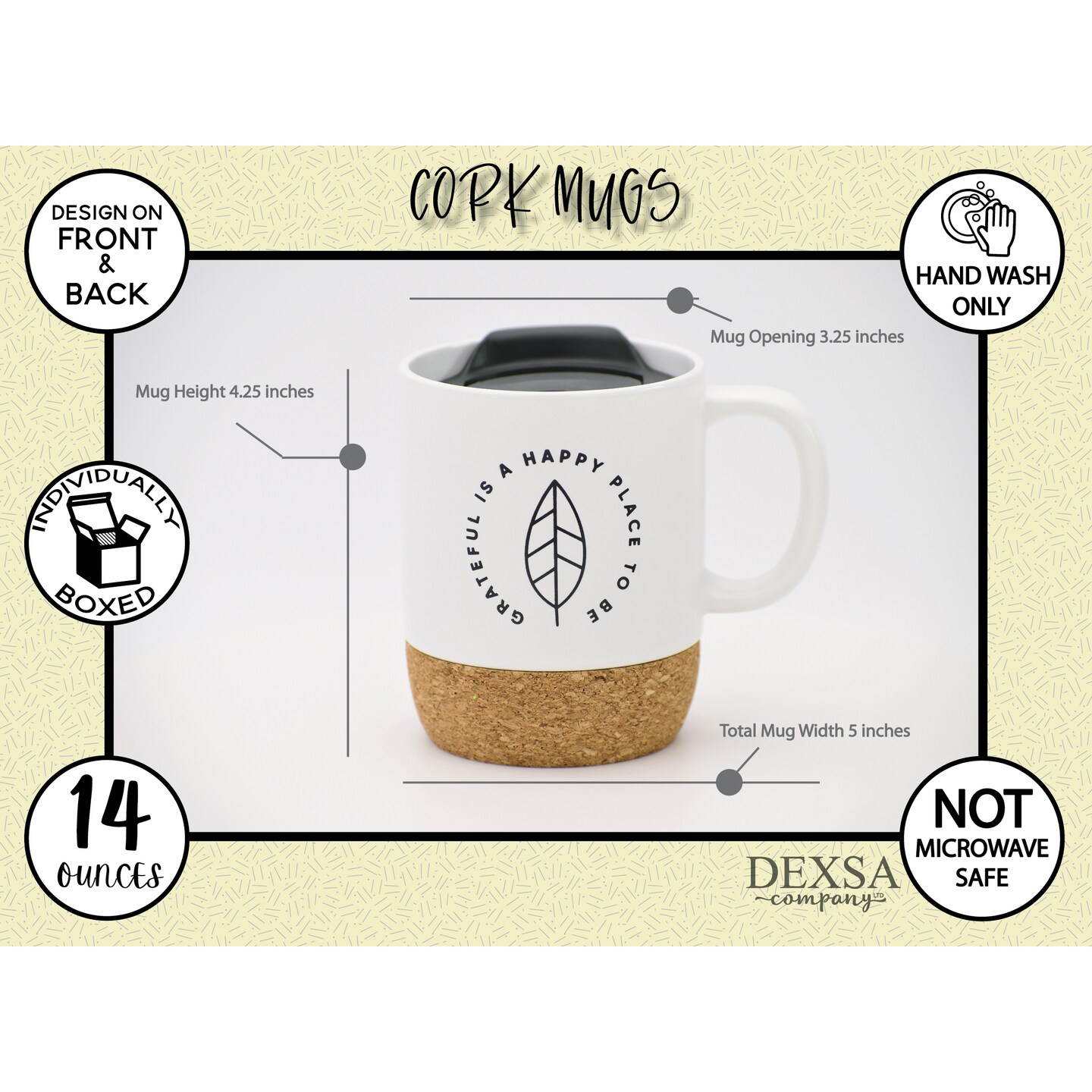 Dexsa Grateful Is A Happy Place Designer Cork Bottom Mug with Lid - 14 oz