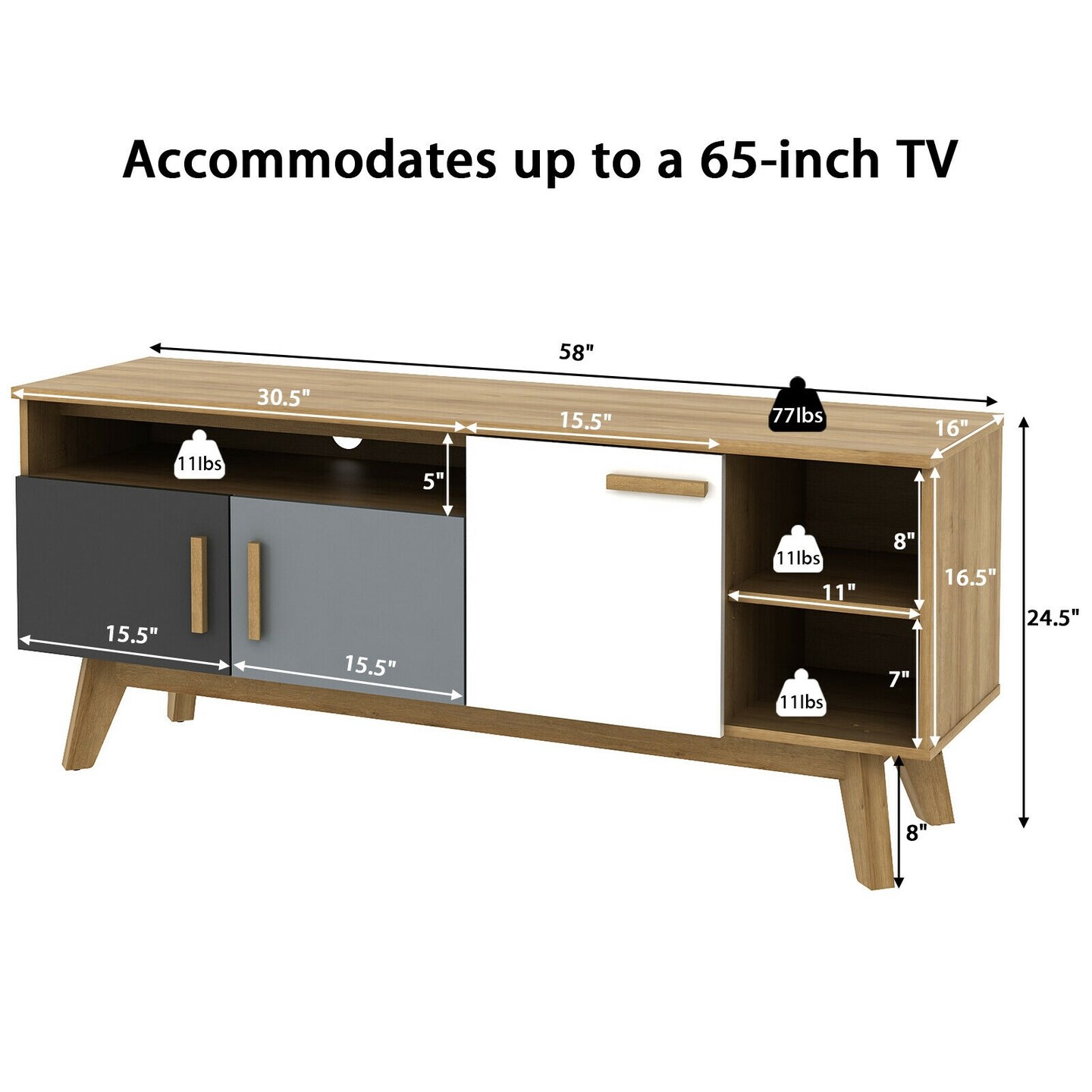 65 Inch TV Stand Entertainment Center Console with Adjustable Shelf