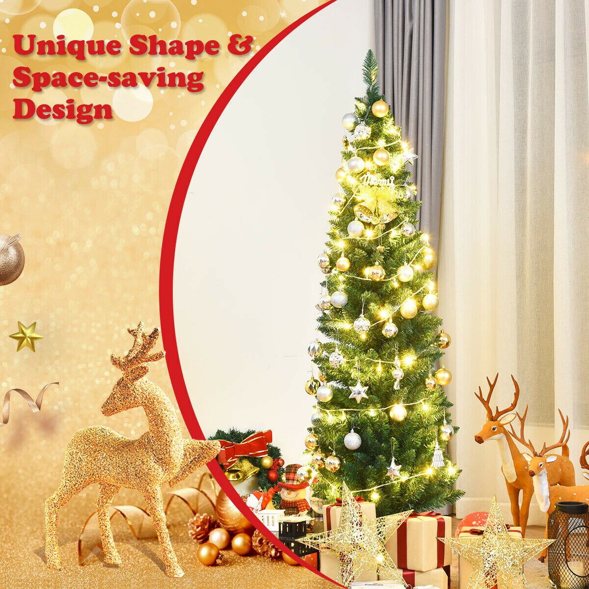 PVC Artificial Slim Pencil Christmas Tree with Metal Stand Ideal for Small Spaces