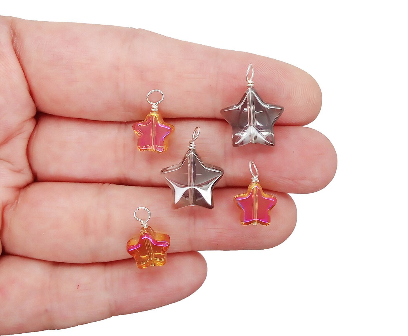 Glass Star Bead Dangle Mix, 10 pieces, Gray &#x26; Orange-Red Charms for Halloween, Adorabilities
