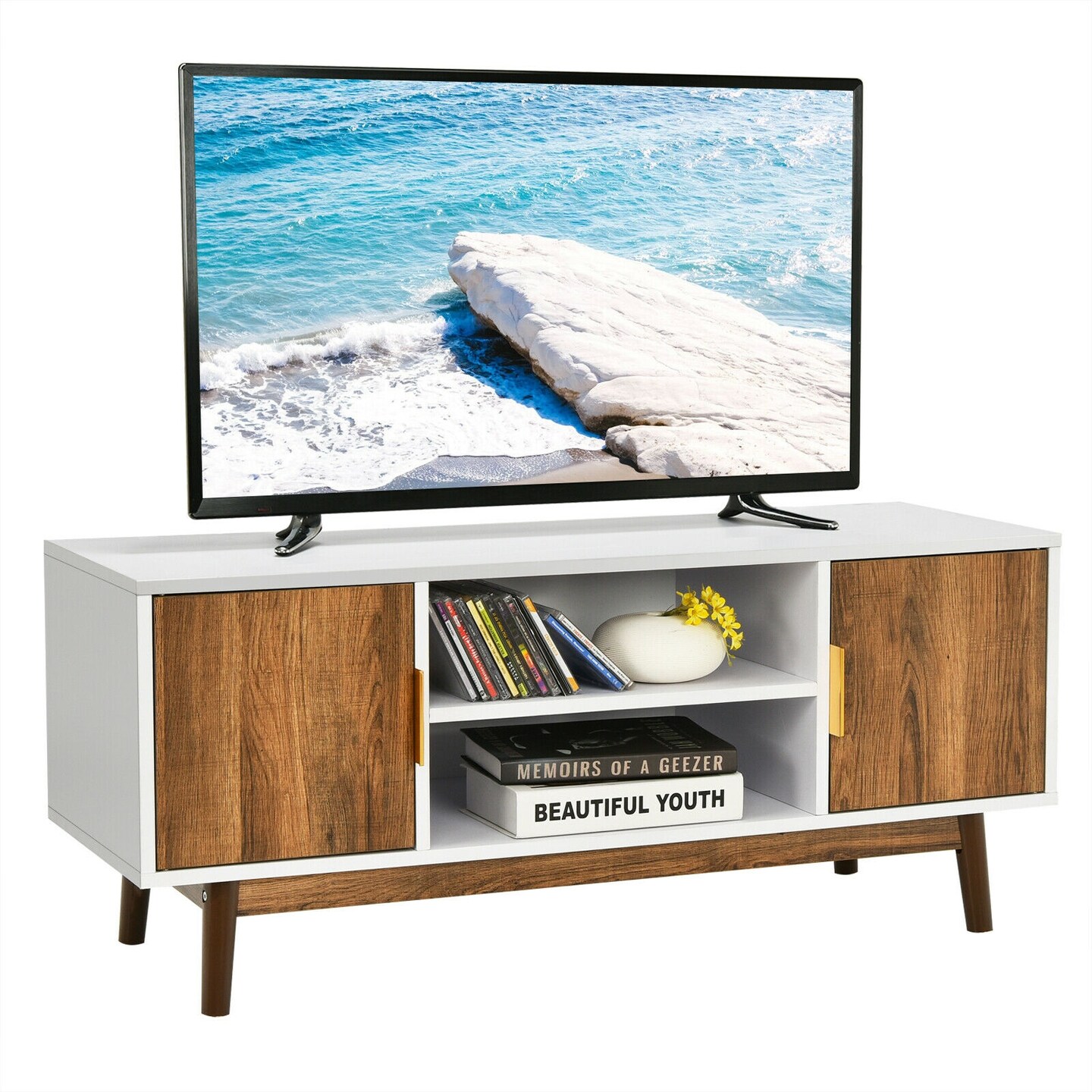 TV Stand Entertainment Media Console with 2 Storage Cabinets and Open Shelves