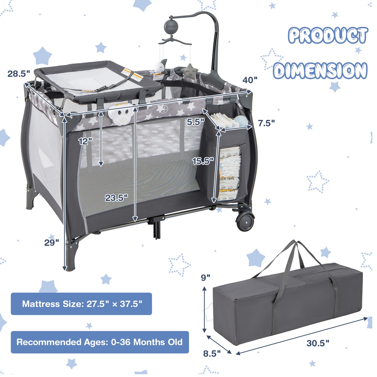 Portable Baby Playard with Changing Table Bassinet and Music Box