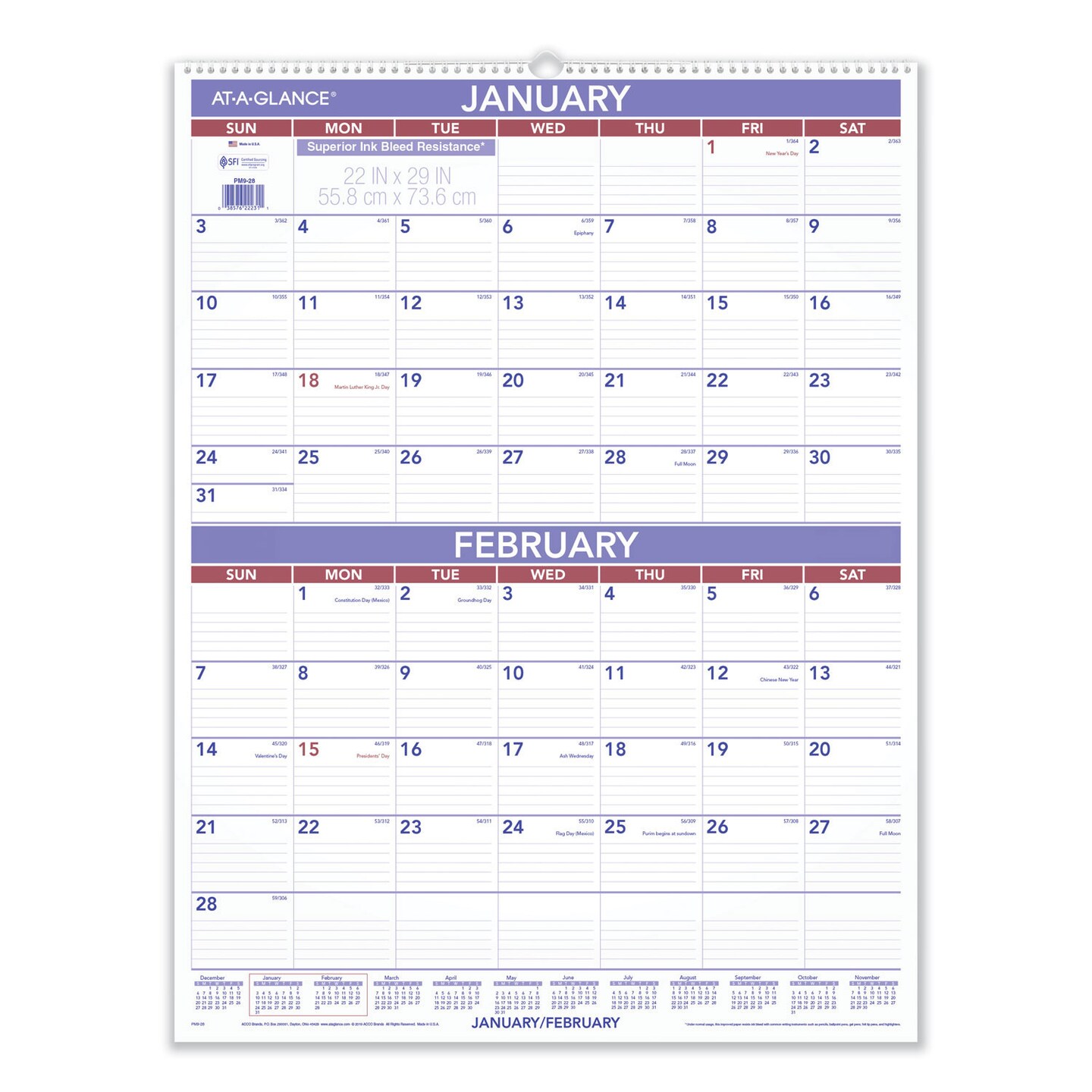 At-A-Glance Two-Month Wall Calendar, 22 x 29, White/Blue/Red Sheets, 12-Month (Jan to Dec): 2024