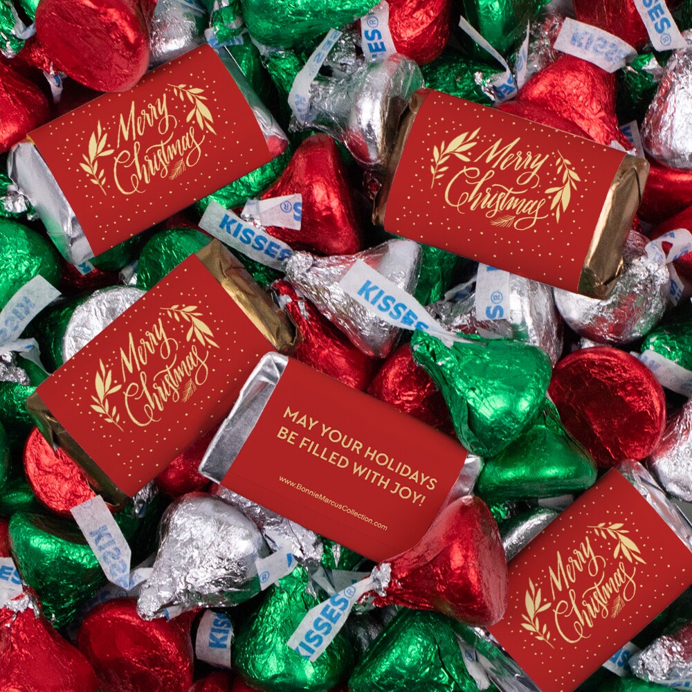 131 Pcs Christmas Candy Chocolate Party Favors Hershey&#x27;s Miniatures &#x26; Red, Green &#x26; Silver Kisses (1.65 lbs, Approx. 131 Pcs) - Merry Christmas