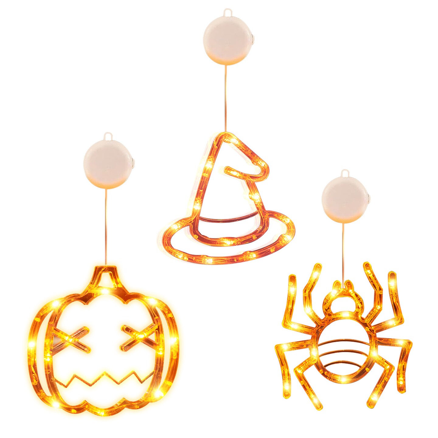 Halloween Window Light - 3 Pack of Spider Witch Hat Pumpkin Orange Light | Hanging Halloween Decoration Light with Suction Cup and Hanging Holes