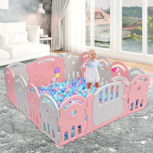 14-Panel Baby Playpen with Music Box &#x26; Basketball Hoop