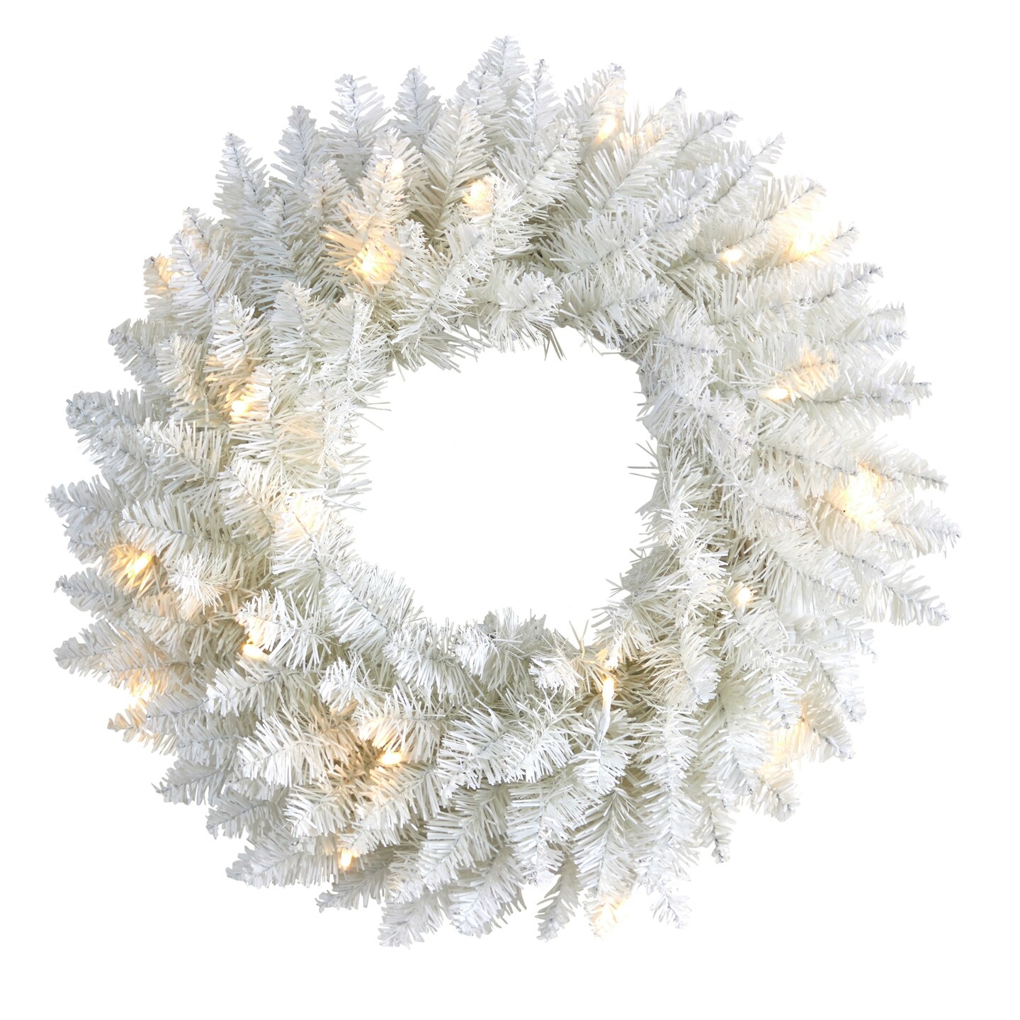 Nearly Natural Pre-Lit White Artificial Christmas Wreath, 18-Inch, Clear LED Lights