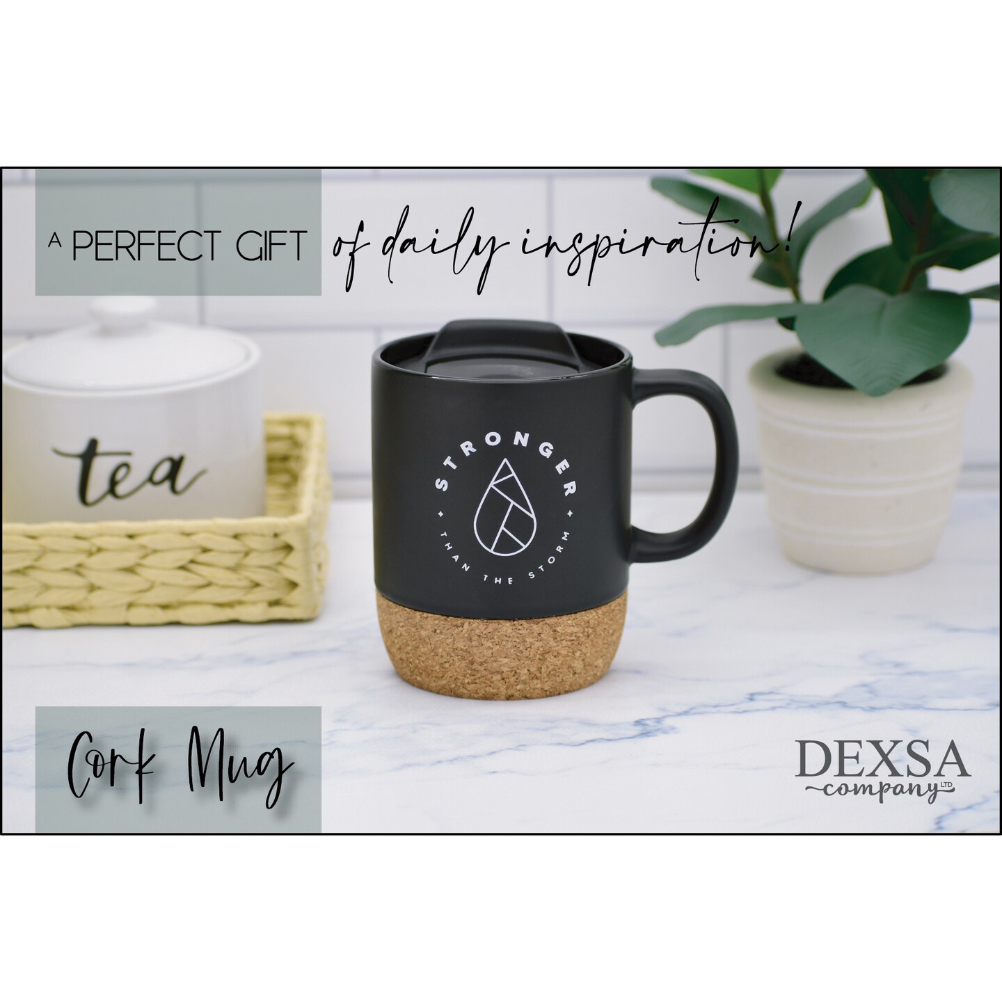 Dexsa Stronger Than The Storm Designer Cork Bottom Mug with Lid - 14 oz