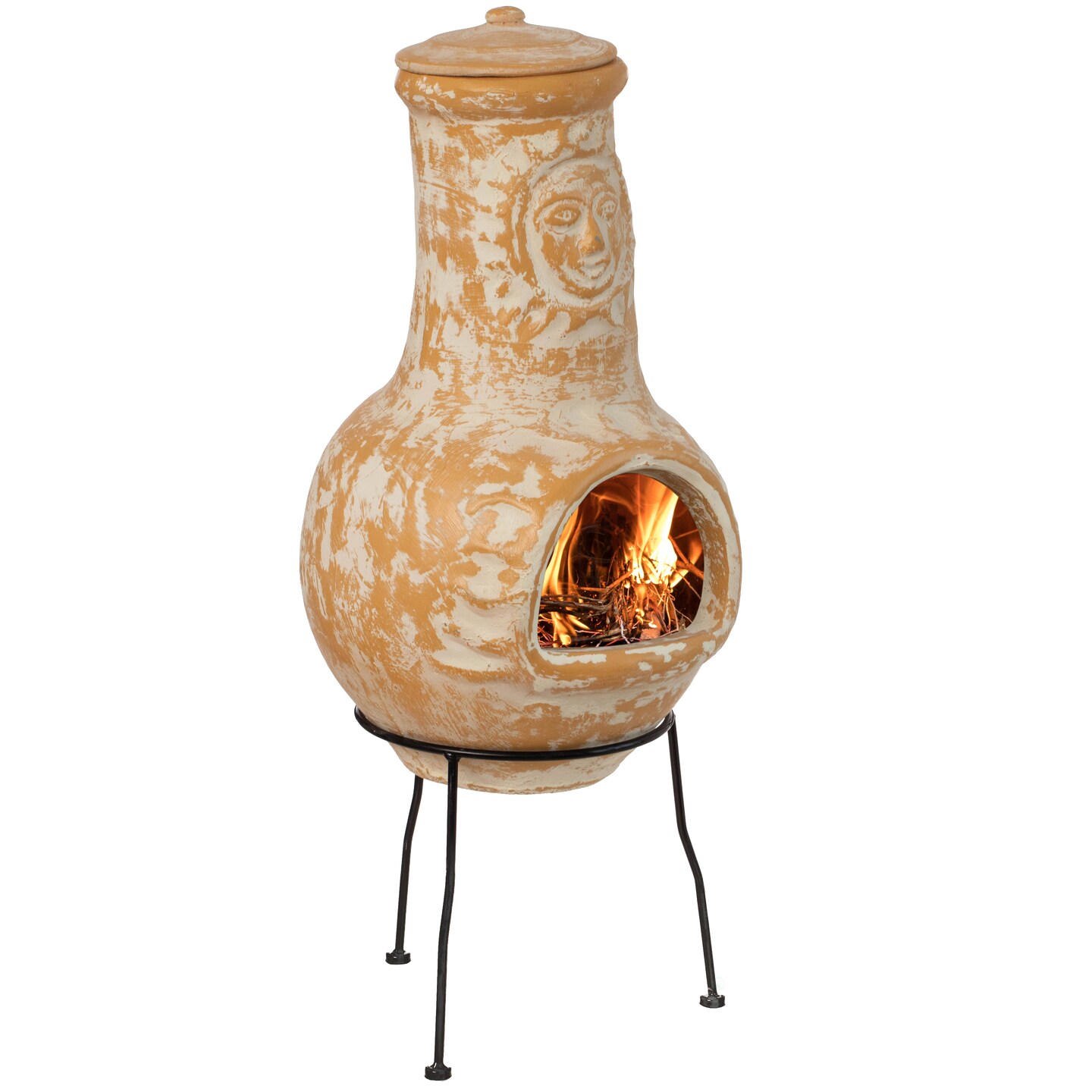 Clay Chiminea Fireplace Sun Design Outdoor Wood Burning Fire Pit Metal Stand