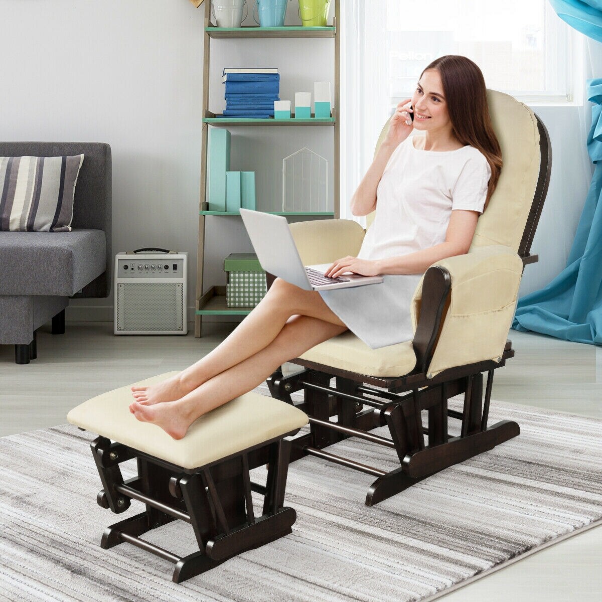 Solid Wood Gliding Chair Set with Pockets and Ottoman for Relaxing
