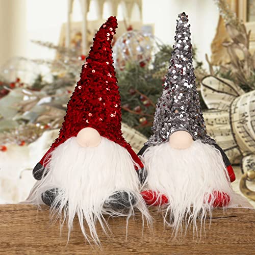 Juegoal 12&#x22; Lighted Christmas Gnome, Handmade Sequins Hat Scandinavian Swedish Tomte, Light Up Plush Elf Toy Holiday Present, Battery Operated Winter Tabletop Christmas Decorations, 2 Set