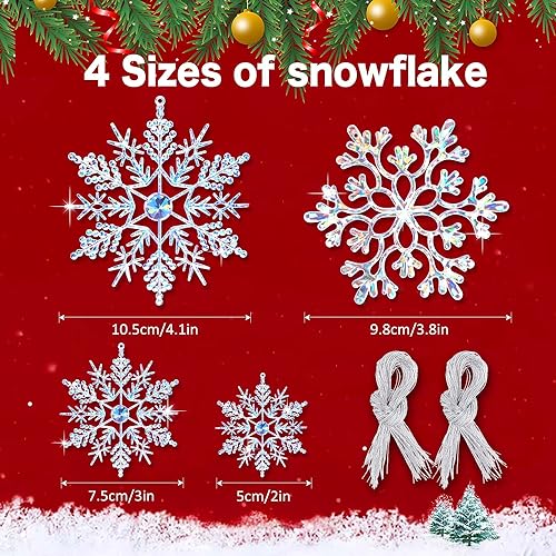 46Pcs Plastic Snowflake Ornament Christmas Glitter Snowflake Hanging Christmas Tree Decorations with Silver Rope for Winter Decorations Tree Window Door Accessories (Iridescent)