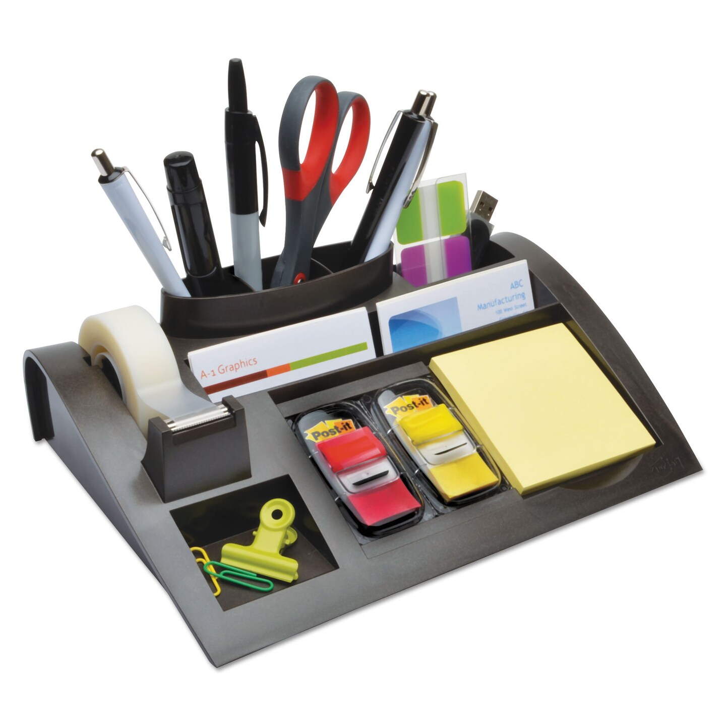 Notes Dispenser with Weighted Base, 9 Compartments, Plastic, 10.25 x 6.75 x 2.75, Black