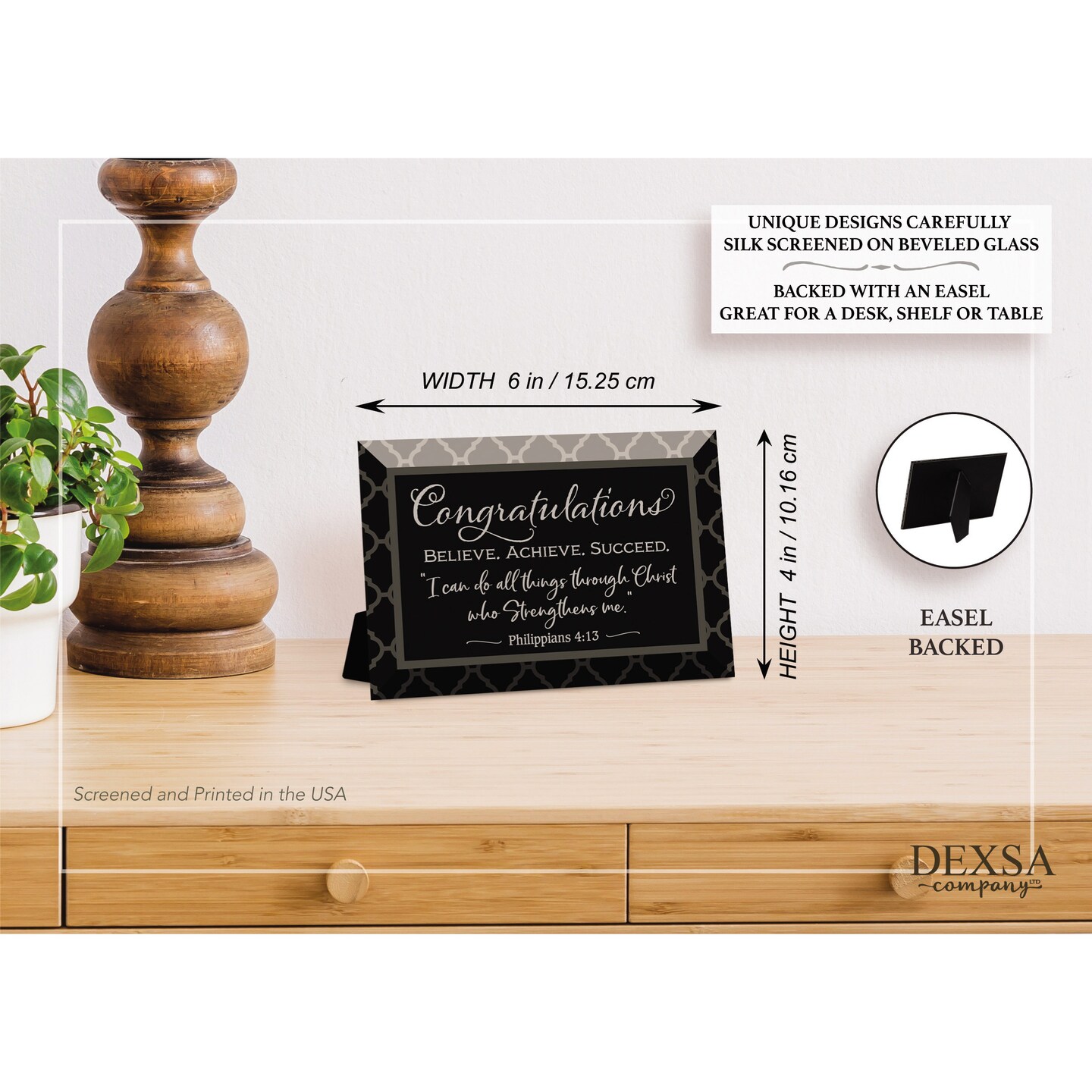 Dexsa Congratulations Glass Plaque with Easel 4 inches x 6 inches