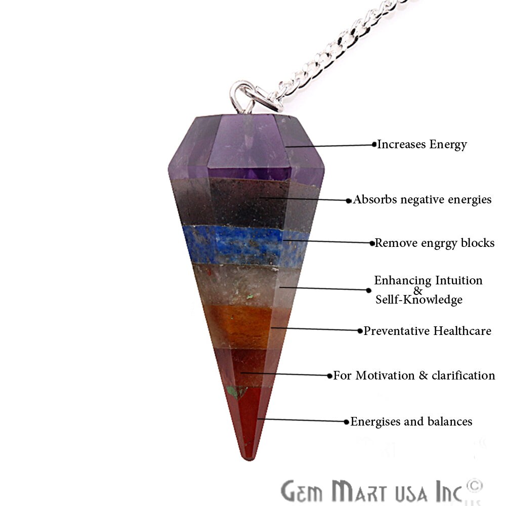 Dowsing Pendulum, Natural Gemstone Pointed Pendant, Silver Plated Chain Divination Pendulum, 44x16mm, Faceted, GemMartUSA (14007)
