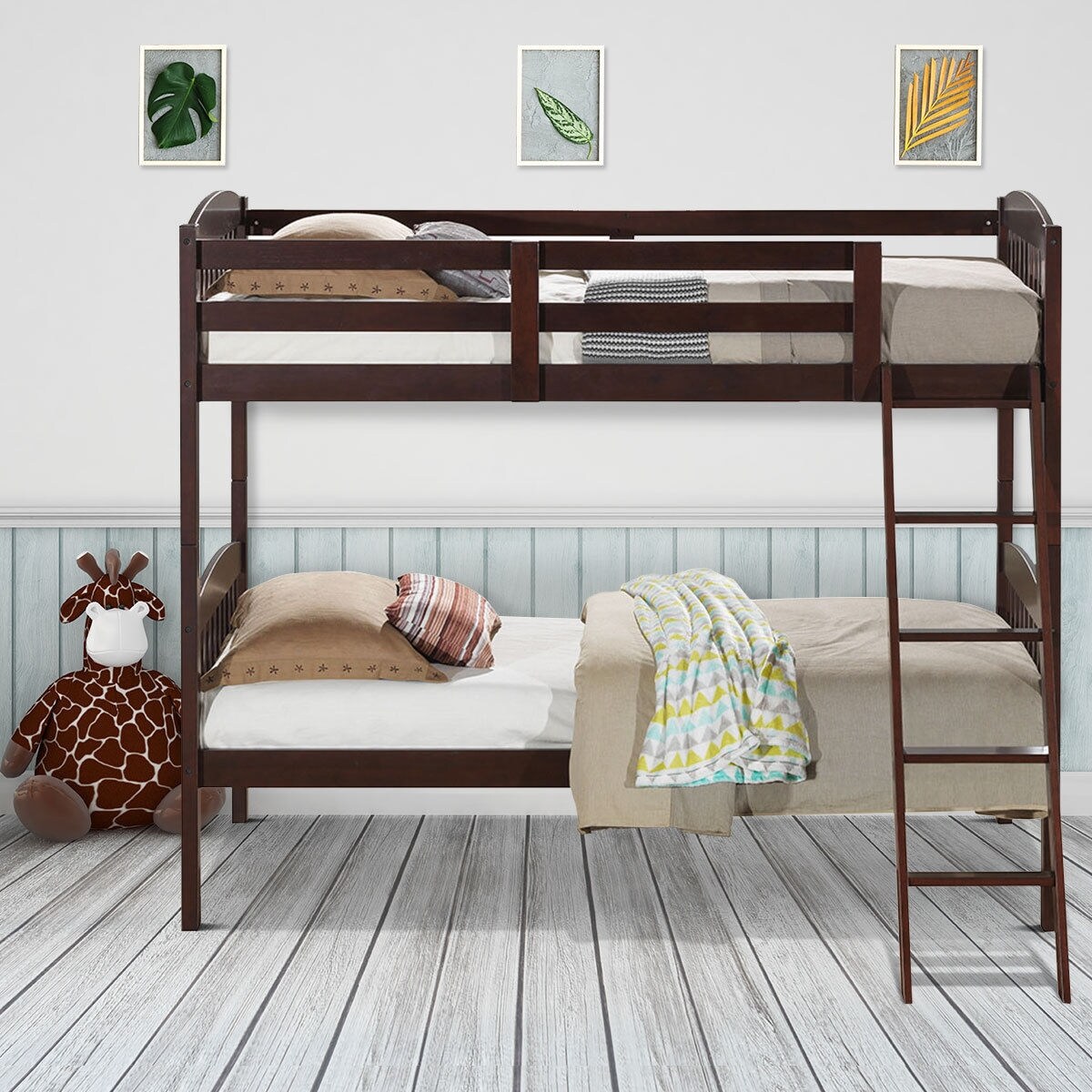 Wood Bunk Bed Twin with Inclined Ladder, Convertible, Safe and Space-Saving